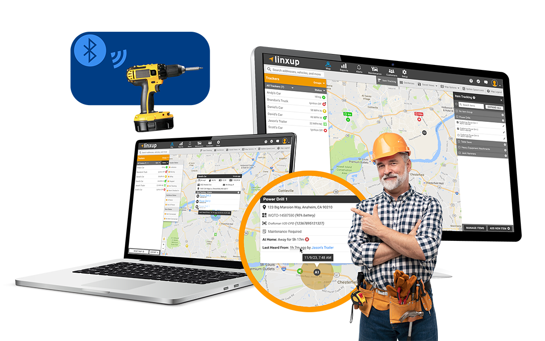 A construction worker in a hard hat and tool belt gestures toward screens displaying mapping software, accompanied by a Bluetooth icon and a yellow cordless drill.