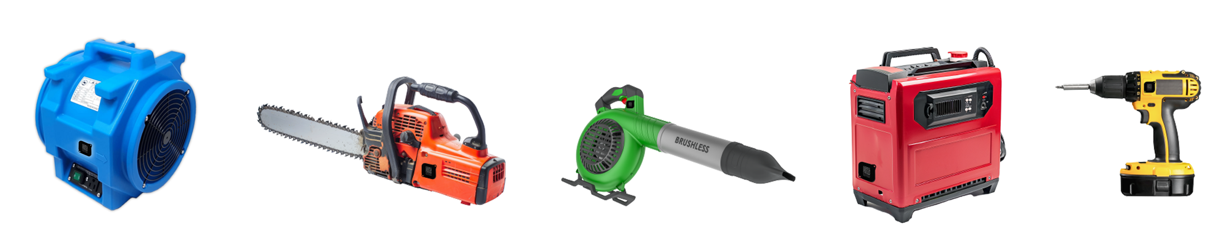 A collection of power tools on a transparent background, including a blue floor dryer, an orange chainsaw, a green leaf blower, a red portable generator, and a yellow cordless drill.