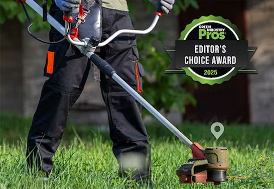 A person in protective clothing uses a string trimmer on a lawn, overlaid with a Green Industry Pros 2025 Editor's Choice Award badge.
