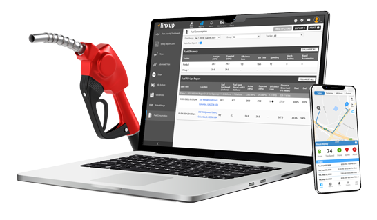 A laptop and a smartphone displaying a fleet management dashboard are shown next to a red fuel pump nozzle.
