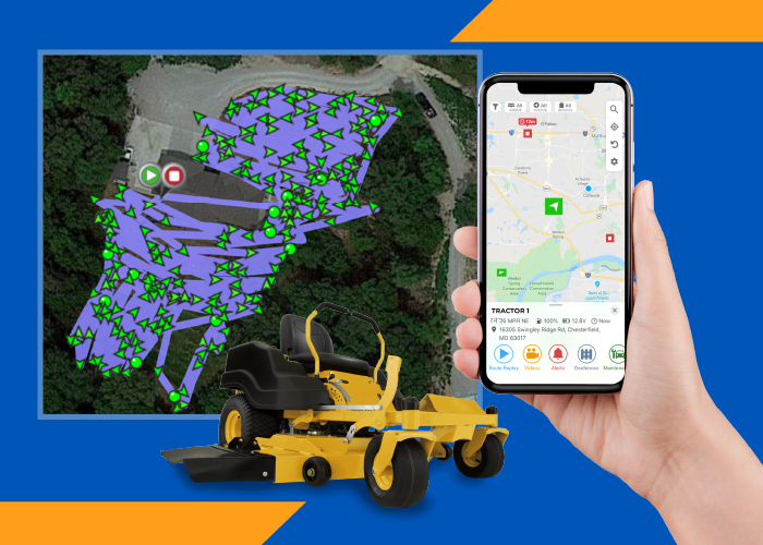 A hand holds a smartphone displaying a map with tracking data, overlaid on an aerial view of a mowed area and a yellow riding lawn mower.