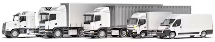 A collection of white commercial transport vehicles, including semi-trucks with trailers and delivery vans, parked in a row against a white background.