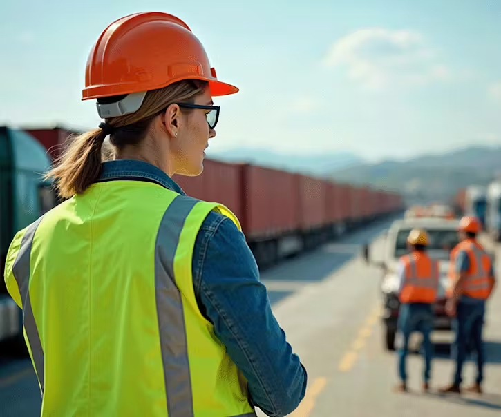 A woman wearing a hard hat and a high-visibility safety vest stands at a shipping yard, looking toward two other workers near a parked truck and freight containers.