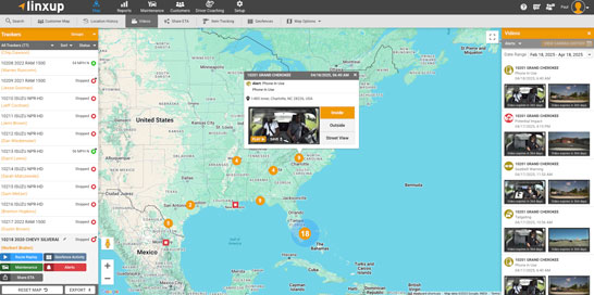 A web dashboard displaying a map of the United States with multiple pin locations and a pop-up window showing a camera feed, surrounded by navigation menus and a sidebar of recent media thumbnails.