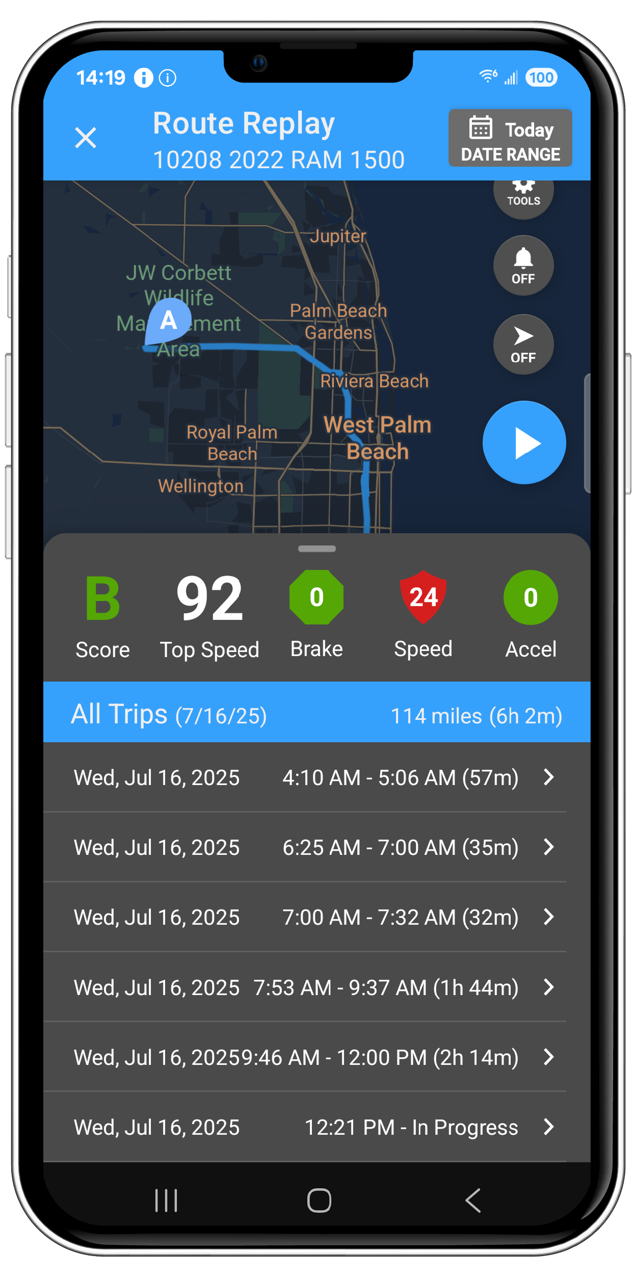 A mobile app screen displaying a vehicle's route replay on a map, showing driving performance metrics like score, top speed, and braking events alongside a list of trip history records.