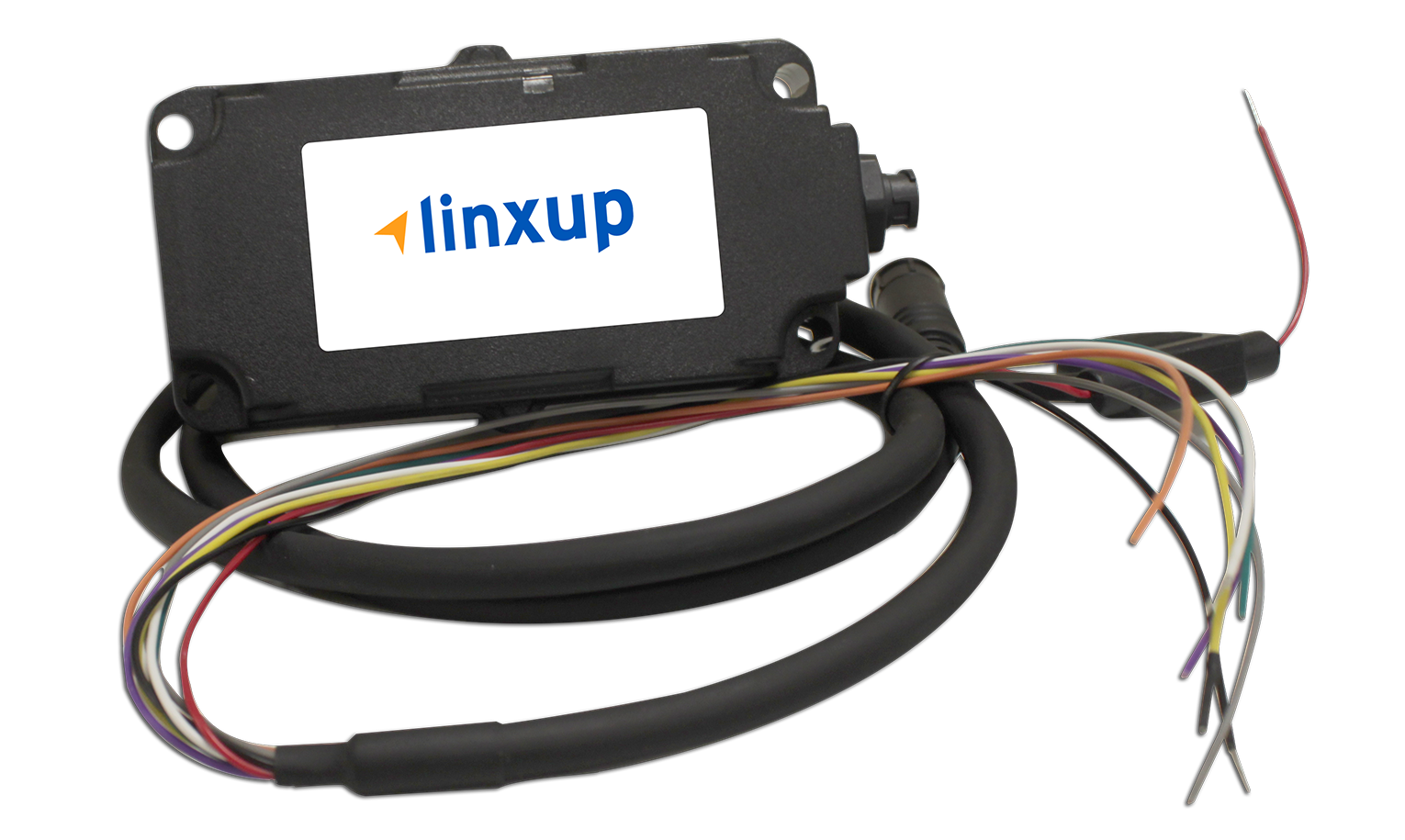 A Linxup GPS tracking device with a connected wire harness bundle against a transparent checkerboard background.