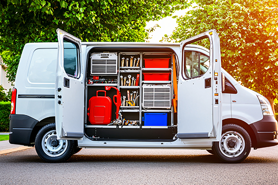 A white work van is parked outdoors with its side doors open, revealing a organized interior with shelving units filled with various tools, equipment, and colorful storage containers.