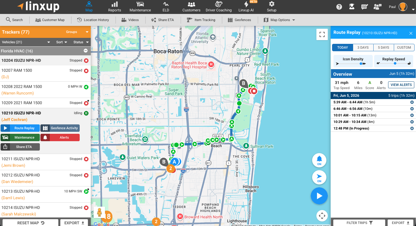 A screenshot of the Linxup fleet tracking dashboard showing a map with vehicle routes, location markers, and a side panel with vehicle status and activity details.