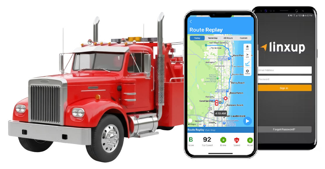 A red semi-truck next to two smartphones displaying the Linxup fleet tracking app, showing a map view and a login screen.