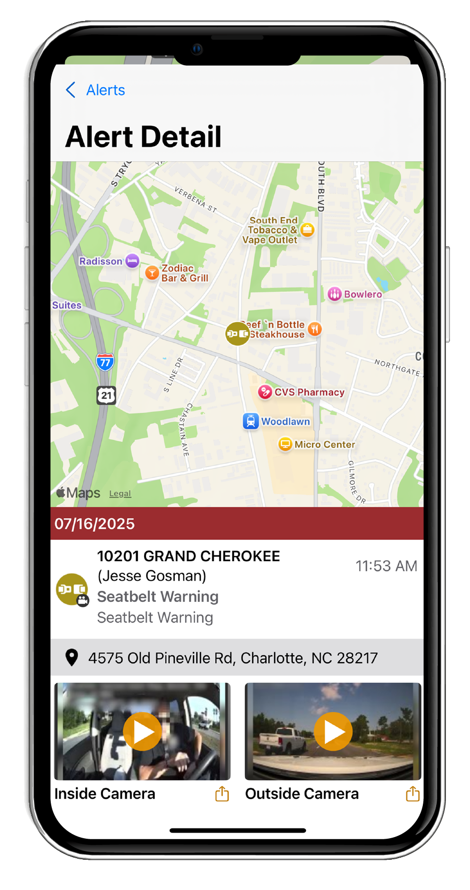 A mobile app interface displaying a vehicle seatbelt alert on a map, including location details, time, and camera footage feeds.