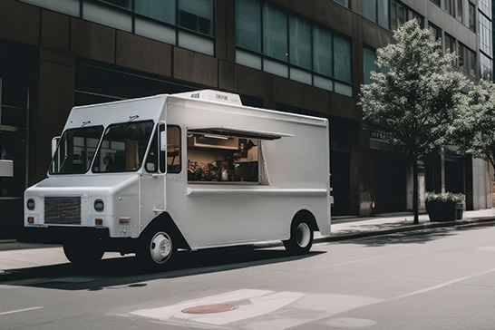 A blank white food truck is parked on a city street next to a modern building and a small tree.