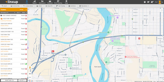 A web interface for Linxup fleet tracking software displays a map view of vehicle locations alongside a list of assets on the left-hand sidebar.