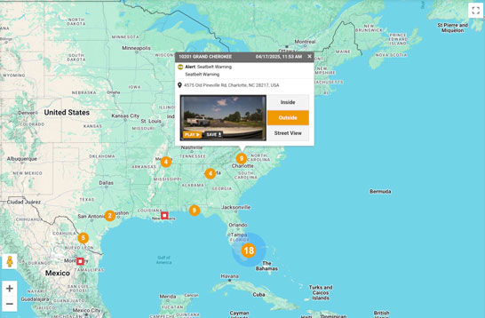 A map of the United States displaying several orange location markers, with an active pop-up window showing camera footage from a specific location in North Carolina.
