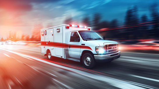 An ambulance with flashing red and blue lights travels at high speed along a blurred roadway.