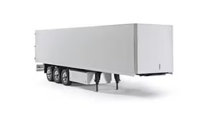 A plain white semi-trailer stands on a white background, viewed from a three-quarter angle.