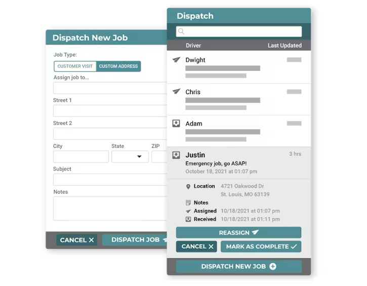 A digital dispatch interface showing a new job creation form on the left and a list of drivers with their current job status on the right.