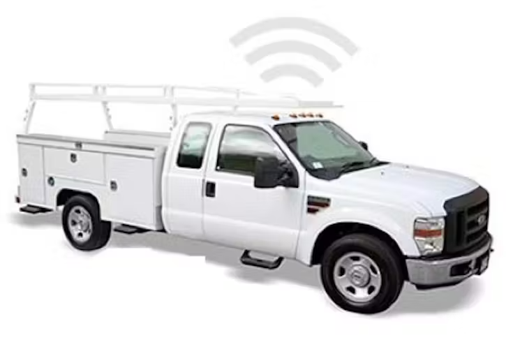 A white utility service truck with a ladder rack features a Wi-Fi signal icon floating above its roof.