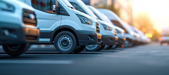 A row of white cargo vans is parked in a line during sunset, viewed from a low angle.