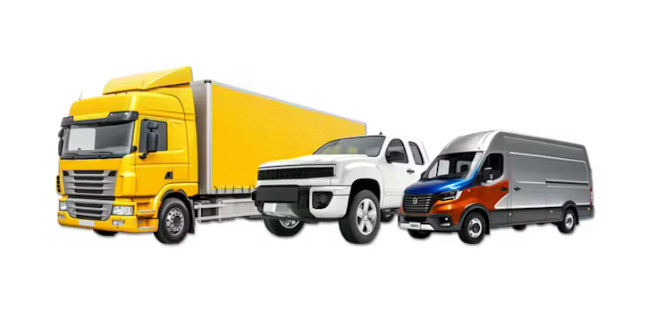 A yellow semi-truck, a white pickup truck, and a silver delivery van are shown side-by-side against a transparent background.
