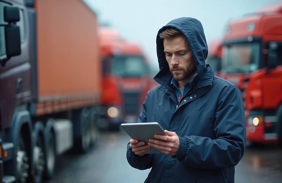 A man with a beard, wearing a plaid shirt, stands in front of a large red semi-truck while looking at a tablet.