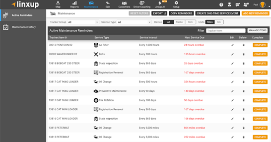 A dashboard screenshot from Linxup showing an active maintenance reminders table with details on tracked items, service types, intervals, and overdue status.