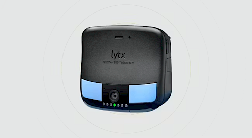A black and blue device labeled "lytx," featuring a front camera and multiple indicator lights, designed for capturing driving footage.