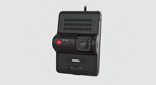 A black electronic device with a camera, buttons, and a Verizon Connect logo, designed for use in vehicles. The device includes a red recording button and various indicator lights.