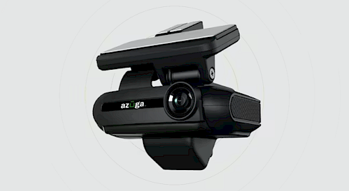 Close-up of a compact black Azuga dash camera with a mounting bracket against a plain gray background.