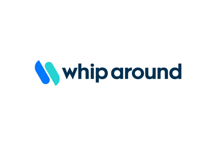 The Whip Around logo shows "whiparound" in lowercase dark blue letters below an abstract icon of two curved shapes—one blue and one teal.