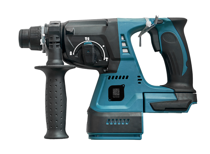 A side view of a teal and black cordless rotary hammer drill with an adjustable side handle.