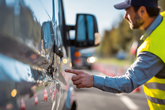 A man wearing a high-visibility vest points to a large dent on the side of a vehicle.
