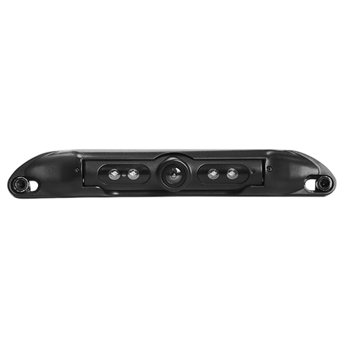 A black, horizontal automotive backup camera featuring a central lens flanked by two infrared LED light clusters on each side.