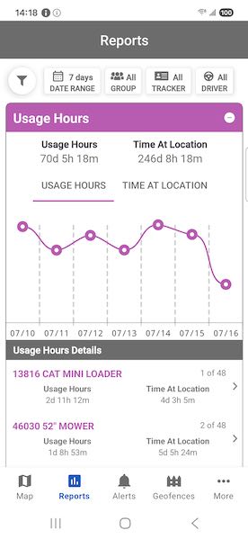 A mobile application reports screen showing a usage hours trend line graph for selected equipment, followed by a list of individual asset usage details for a CAT mini loader and a 52-inch mower.
