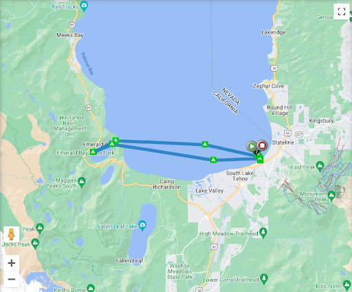 A map view of the Lake Tahoe area showing a multi-point route highlighted in blue between the west shore and South Lake Tahoe.
