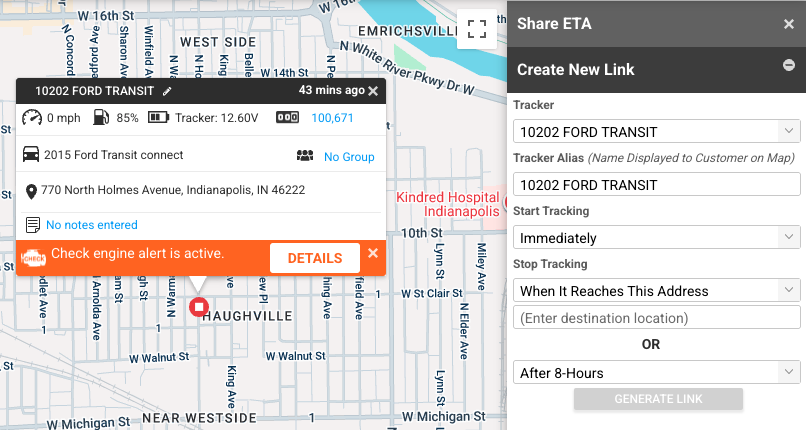A fleet management dashboard map displays a vehicle location and status, with an open side panel for configuring a shareable ETA link.